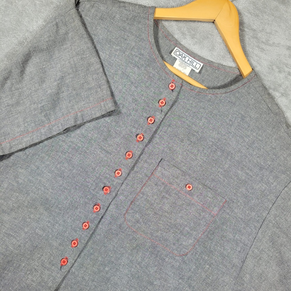 Vintage Oak Hill Top Womens 16 XL Gray Button Front Short Sleeve Contrast Stitch